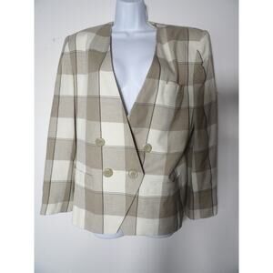 Jacqueline Ferrar 14 Linen Blazer Beige White Plaid Double Breasted Vintage Care